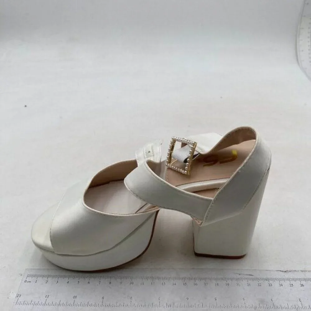 FSJ White Platform Block Heel Sandals with Rhinestone Buckle
